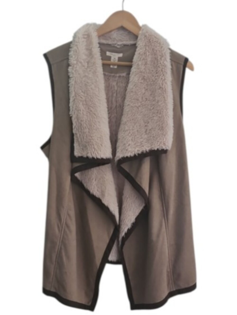 Westbound Woman Vest 1X Taupe Faux Suede Shearling Waterfall Draped Plus Size